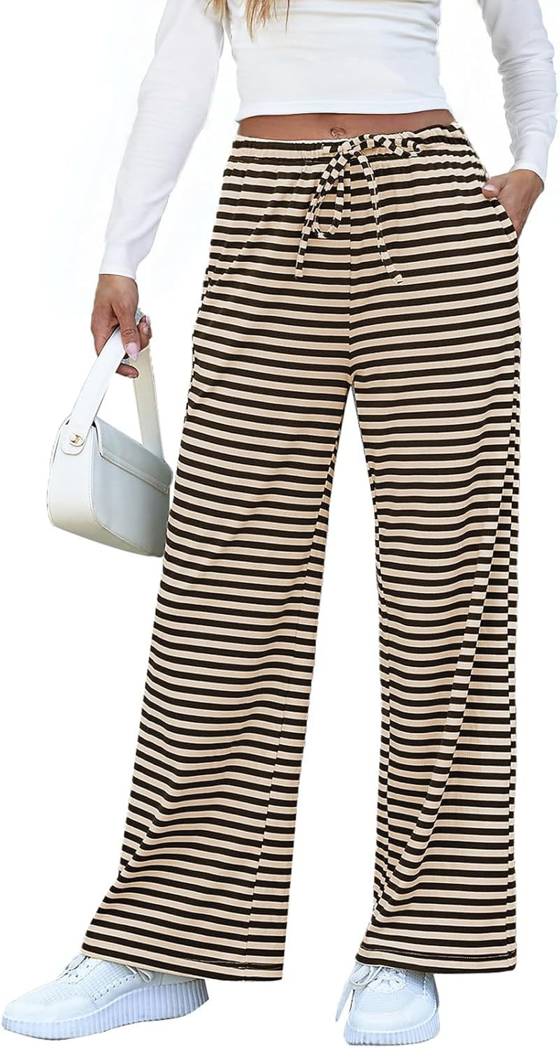 Damen weite Streifenhose mit elastischem Bund und Kordelzug Heidi-Mode