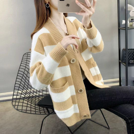 Damen Grobstrick-Cardigan mit Breton-Streifen und praktischen Taschen Heidi-Mode