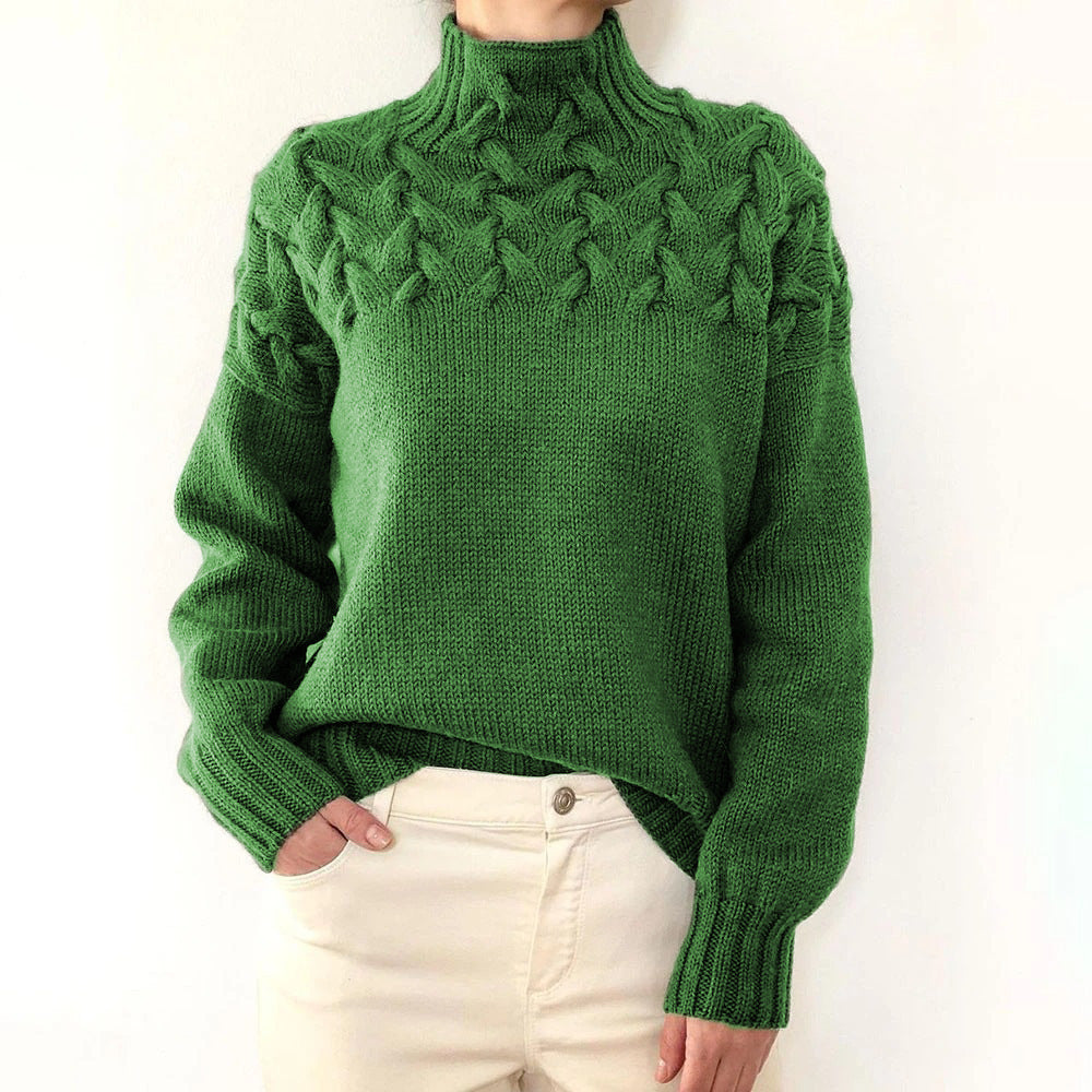 Damen Strickpullover mit hochgeschlossenem Kragen und trendigem Zopfmuster Heidi-Mode