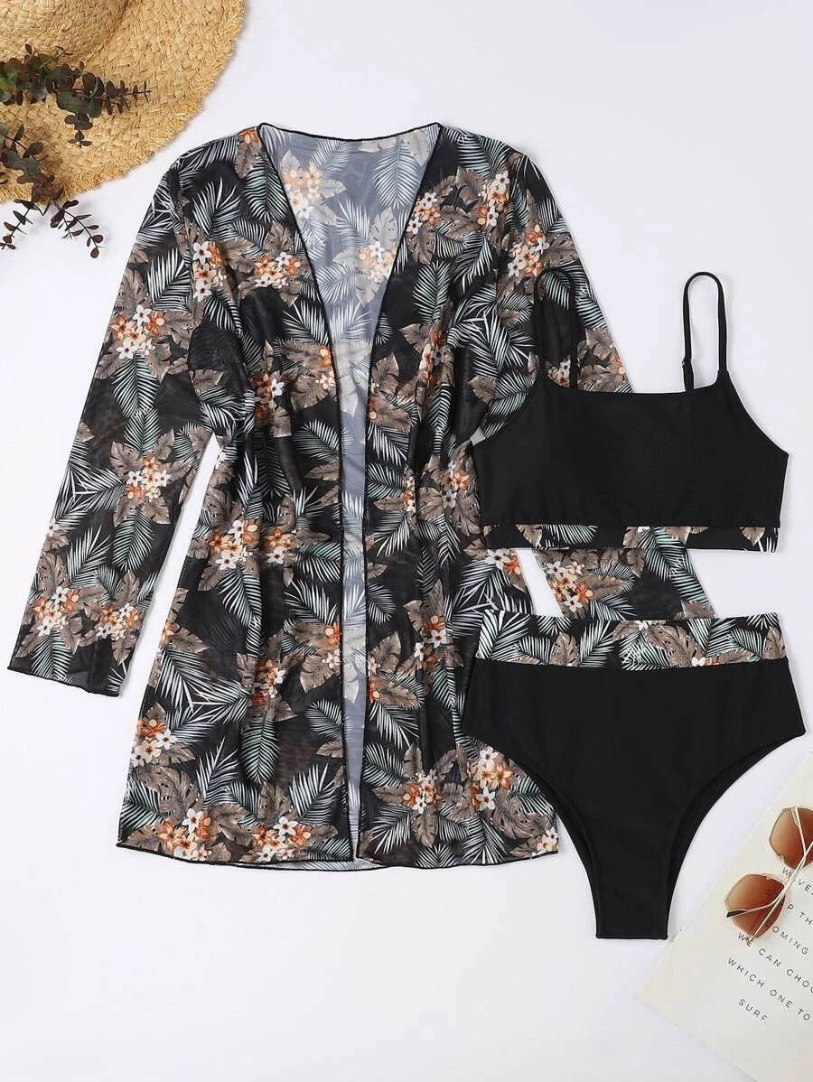 Damen Strandbekleidungs-Set mit floralem Kimono, Bikini und hoch geschnittenem Slip Heidi-Mode