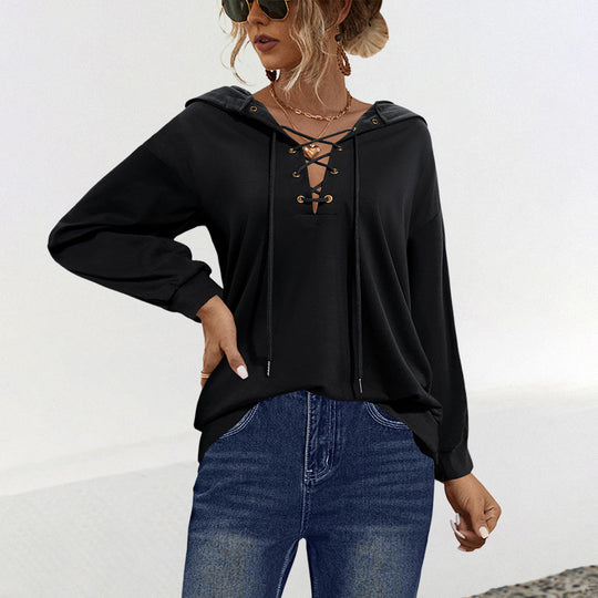 Damen Hoodie mit Lace-Up-Detail und Kapuze Heidi-Mode