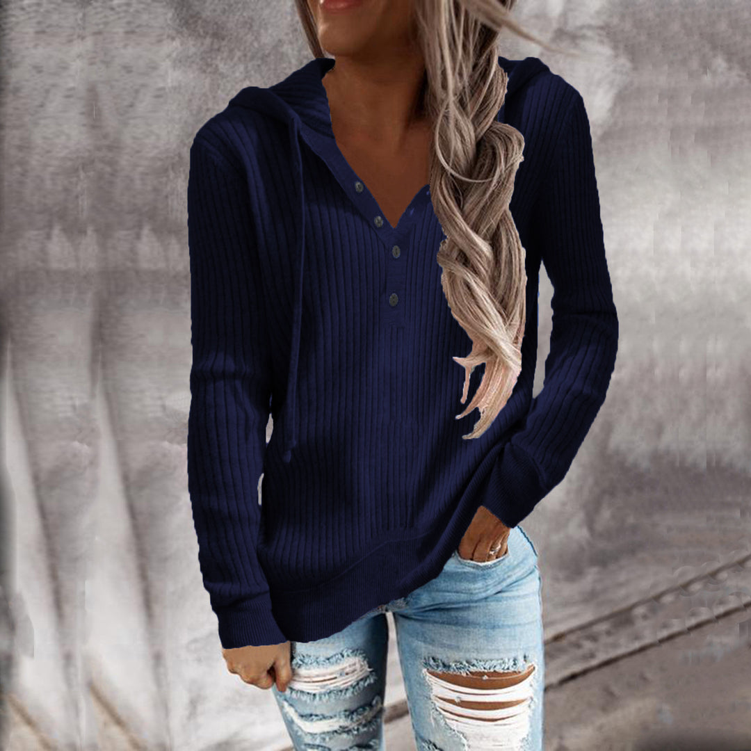 Damen Kapuzenpullover mit feinem Rippstrick und Knopfleiste Heidi-Mode