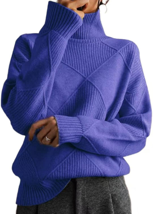 Damen hochwertiger Strickpullover mit stehendem Kragen und extravagantem Rautenmuster Heidi-Mode