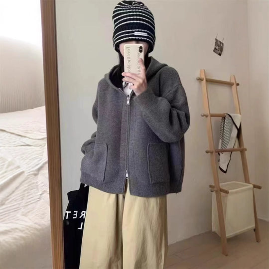 Damen Casual Oversized Strickjacke mit Kapuze und Taschen Heidi-Mode