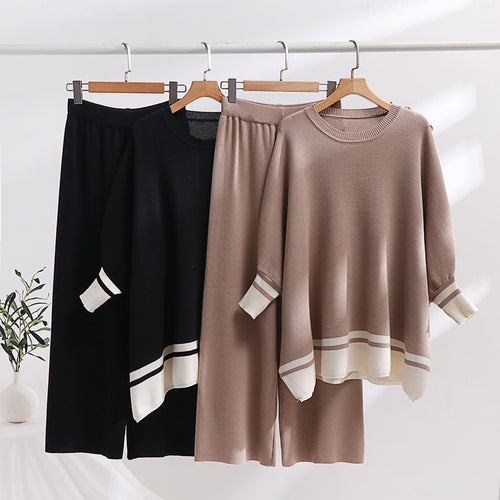 Damen lässiges Strick-Loungewear-Set mit modischem Kontrastsaum und weitem Schnitt Heidi-Mode