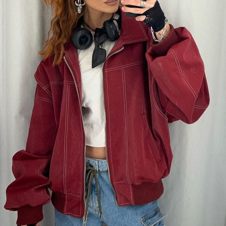 Damen Kunstlederjacke mit elastischen Bündchen und hochschließendem Kragen Heidi-Mode