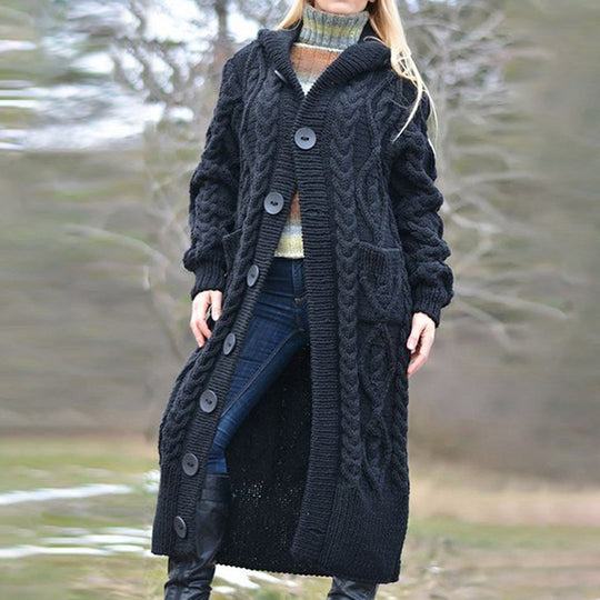 Damen Langer Strickmantel mit Kapuze und klassischem Zopfdesign Heidi-Mode
