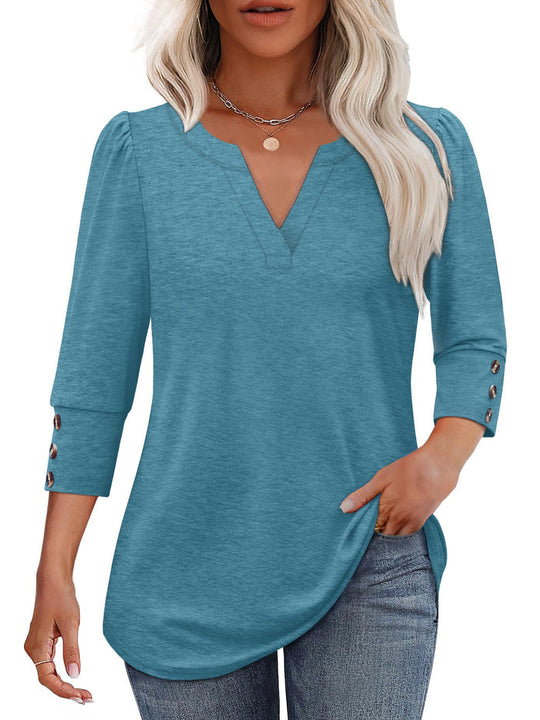 Damen V-Ausschnitt Bluse mit dekorativen Knopfdetails Heidi-Mode