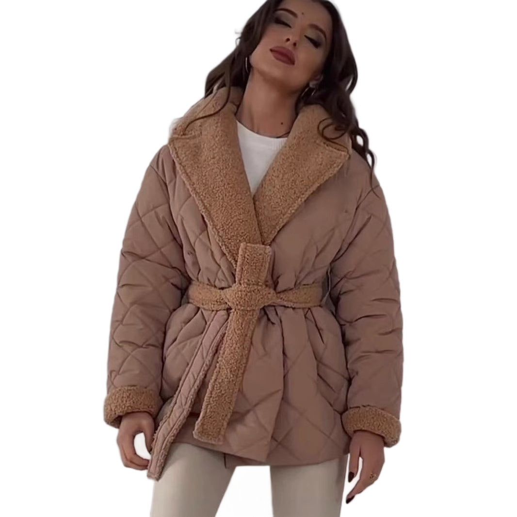 Damen gesteppte Fleecejacke mit Gürtel und großem Kragen Heidi-Mode