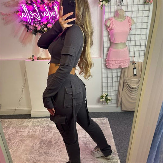 Damen sportliches Crop-Top und Cargo-Hose Set mit funktionsgerechten Taschen Heidi-Mode