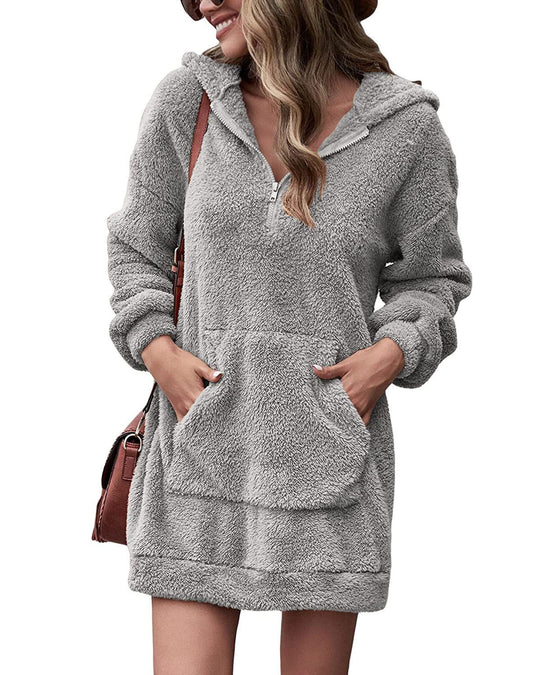 Damen Fleece-Kapuzenkleid mit Taschen und Reißverschluss Heidi-Mode