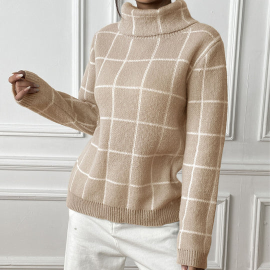 Damen Pullover mit hohem Kragen und kariertem Muster Heidi-Mode