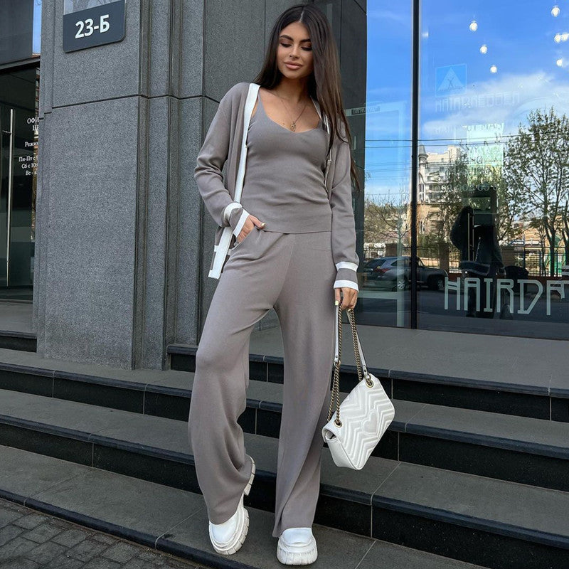 Damen lässiges Strick-Loungewear-Set mit hochwertigem Zip-Cardigan und Weitbein-Hosen Heidi-Mode