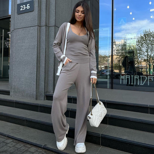 Damen lässiges Strick-Loungewear-Set mit hochwertigem Zip-Cardigan und Weitbein-Hosen Heidi-Mode