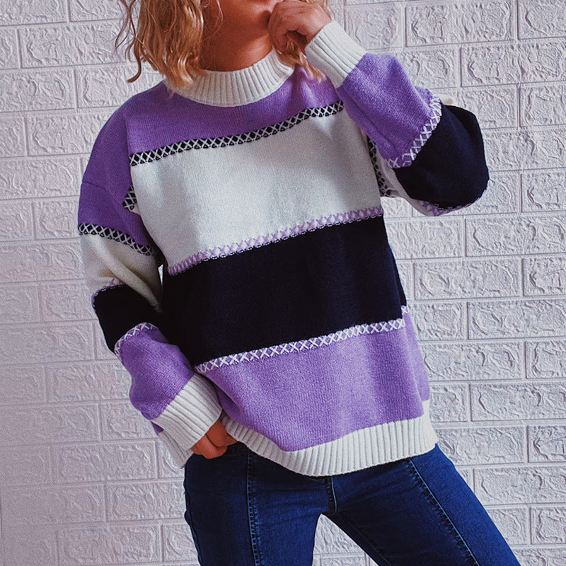Damen modischer Streifenpullover mit hochgeschlossenem Kragen und lässigem Schnitt Heidi-Mode