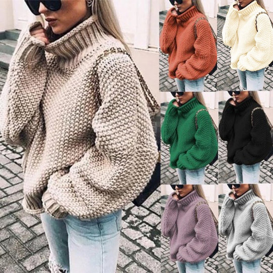 Damen Grobstrick Pullover mit Stehkragen und voluminösen Ärmeln Heidi-Mode