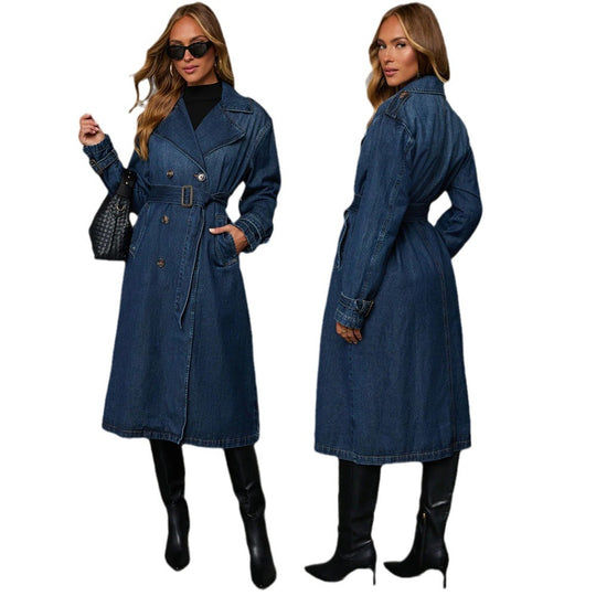 Damen Denim Trenchcoat mit Gürtel und praktischen Taschen Heidi-Mode