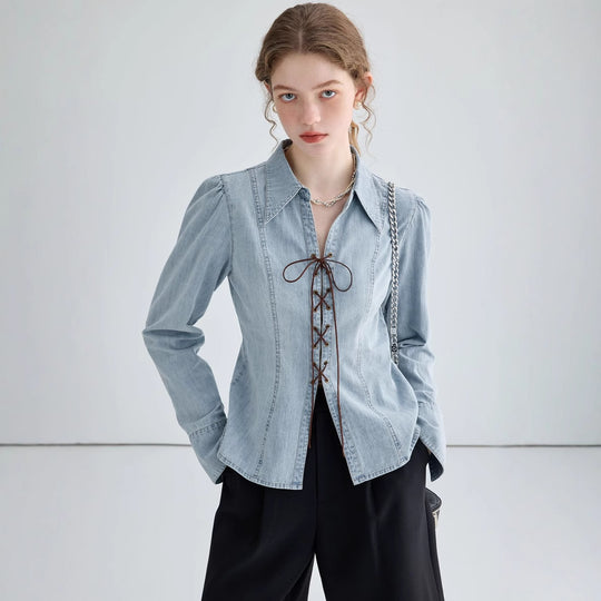 Damen Jeansbluse mit Schnürung und asymmetrischem Schnitt Heidi-Mode