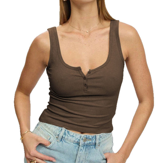 Damen körperbetontes Ripp-Top mit Knopfleiste und weitem Ausschnitt Heidi-Mode