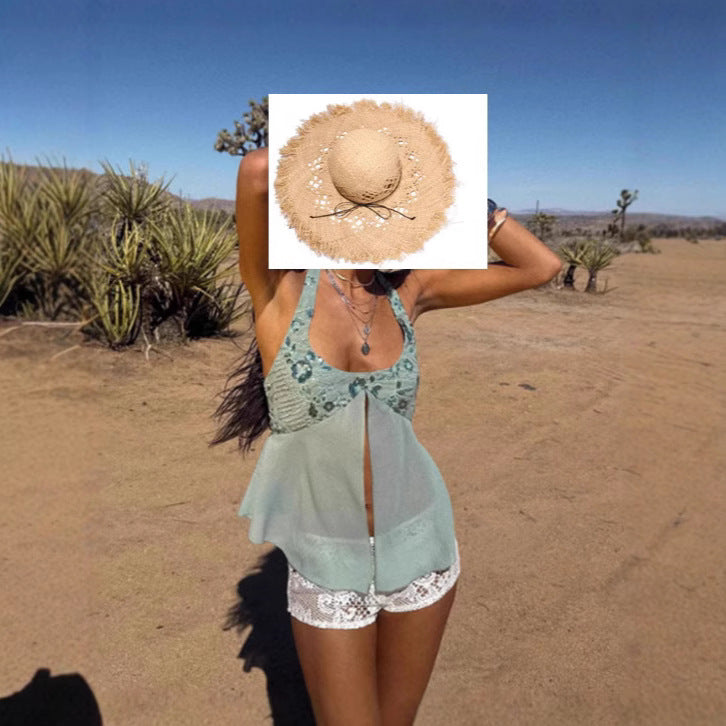 Damen Trendiges Strandtop mit transparentem Stoff und Spitze Heidi-Mode