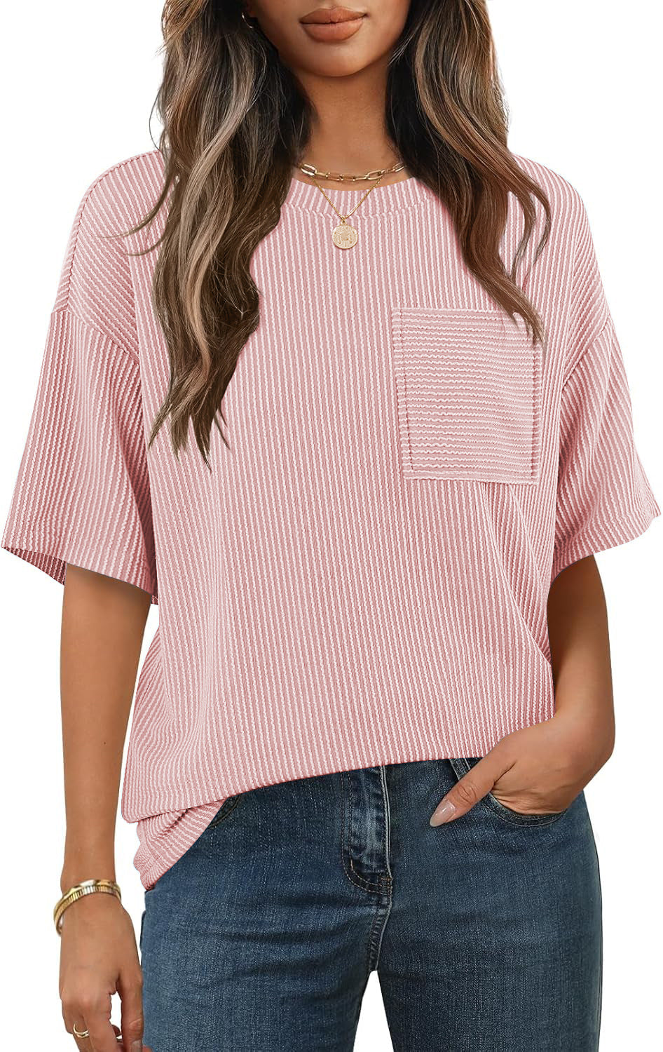 Damen lässiges gestreiftes T-Shirt mit Brusttasche Heidi-Mode