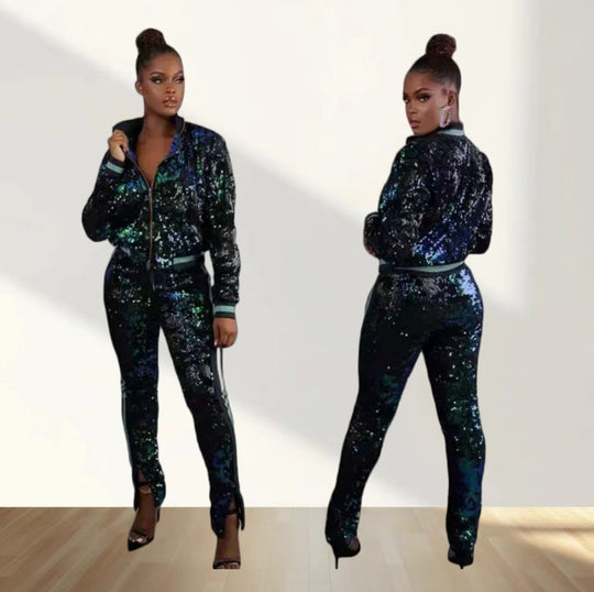 Damen Glitzerndes Sportanzug-Set mit trendigen Streifen Heidi-Mode