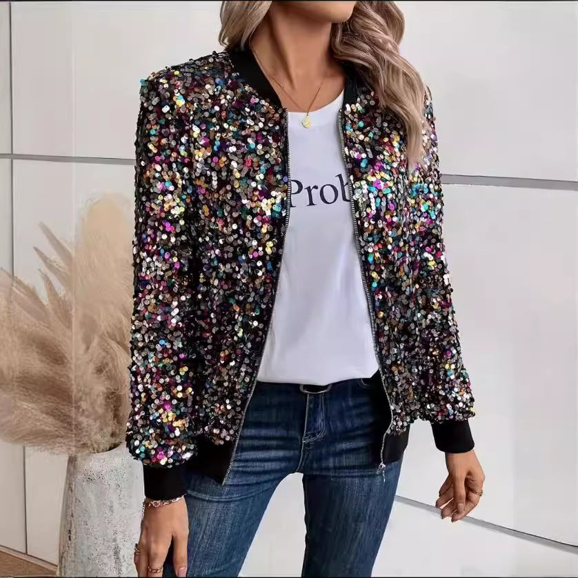 Damen Glitzer Bomberjacke mit funkelnden Pailletten und elastischen Bündchen Heidi-Mode