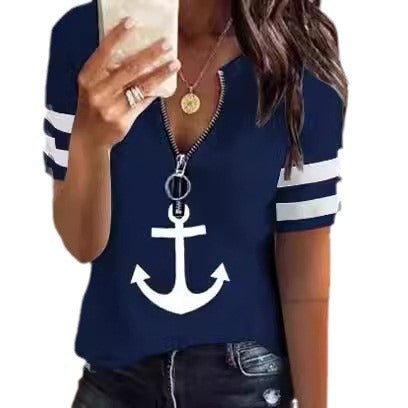 Damen maritim inspirierter Kurzarm Pullover mit Reißverschluss und Anker-Motiv Heidi-Mode