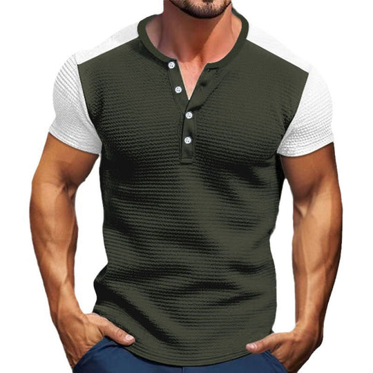 Herren Kurzarm-Hemd mit modischem Henley-Kragen und Kontrastärmel Heidi-Mode