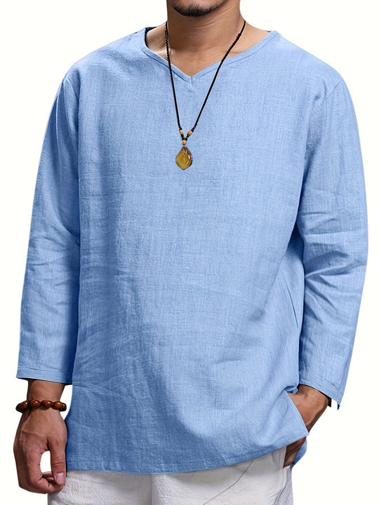 Herren Lässiges Langarmshirt mit V-Ausschnitt und praktischen Seitentaschen Heidi-Mode