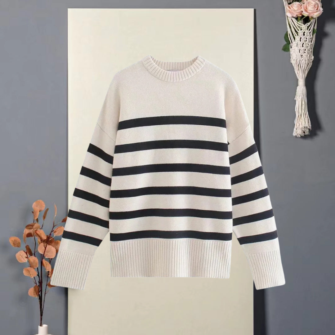 Damen Oversized Strickpullover mit hohem Kragen und trendigem Streifenmuster Heidi-Mode