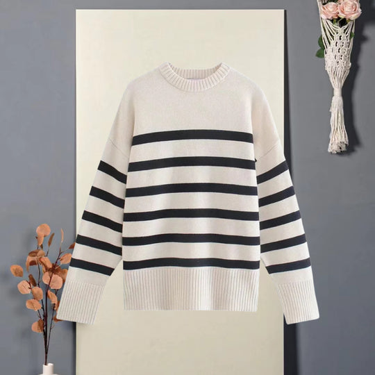 Damen Oversized Strickpullover mit hohem Kragen und trendigem Streifenmuster Heidi-Mode