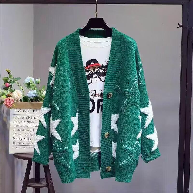 Damen Grobstrick-Cardigan mit Sternenmuster und tiefem V-Ausschnitt Heidi-Mode