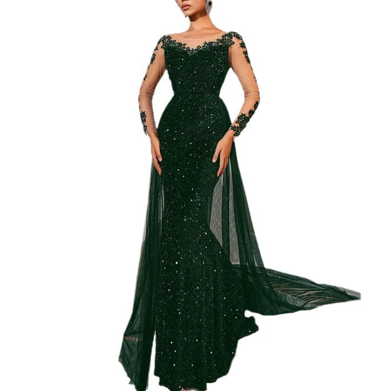 Damen Glitzerndes Abendkleid mit langen Ärmeln und transparentem Überrock Heidi-Mode