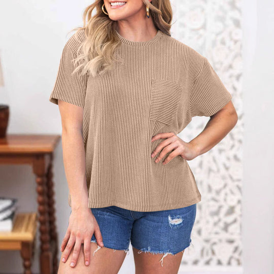 Damen lässiges gestreiftes T-Shirt mit Brusttasche Heidi-Mode