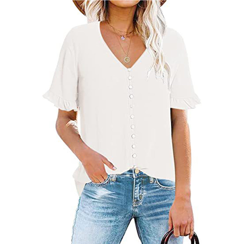Damen Leichtes V-Ausschnitt Blusentop mit Rüschendetails Heidi-Mode