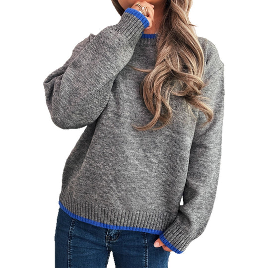 Damen gemütlicher Strickpullover mit kontrastierenden Bündchen und lässigem Schnitt Heidi-Mode