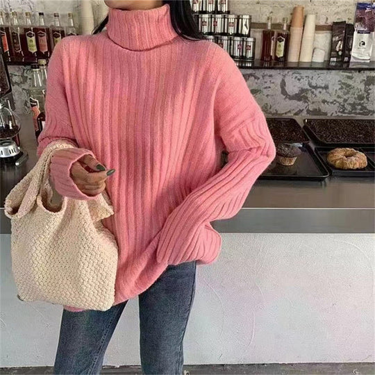 Damen Hochgeschlossenes Strickoberteil mit asymmetrischem Schnitt und feiner Rippstruktur Heidi-Mode