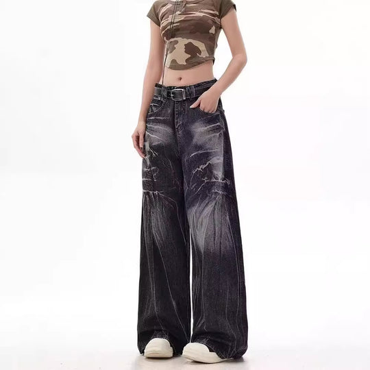 Damen Weite Jeanshose mit modischem Used-Look und hohem Bund Heidi-Mode