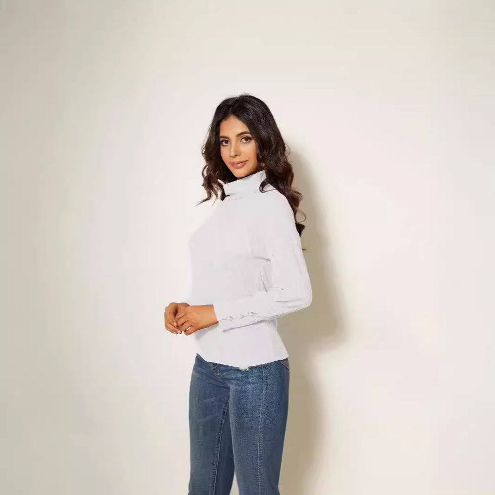 Damen Moderner Rollkragenpullover mit Knopfdetails Heidi-Mode
