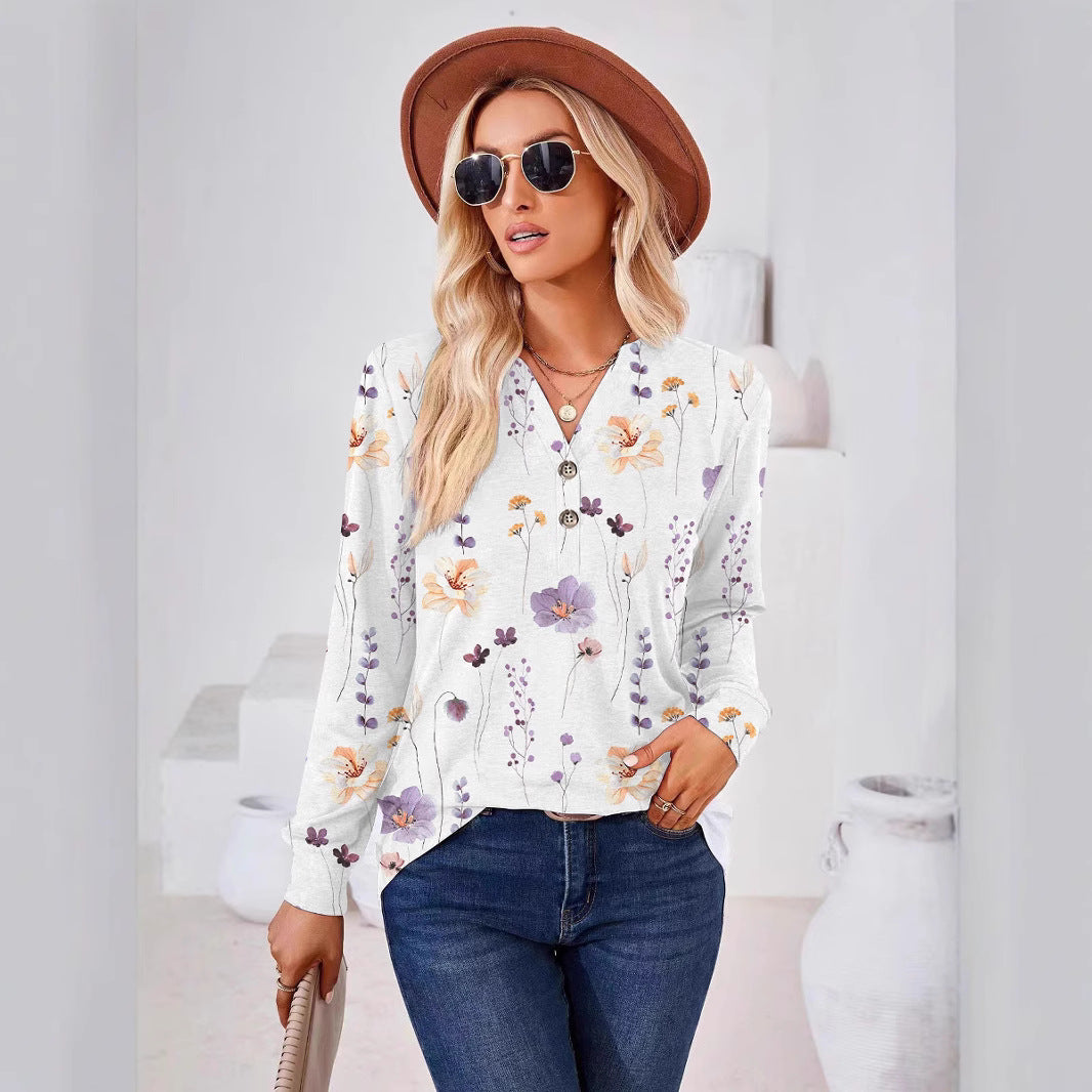 Damen Langarm-Bluse mit floralem Druck und Knopfleiste Heidi-Mode
