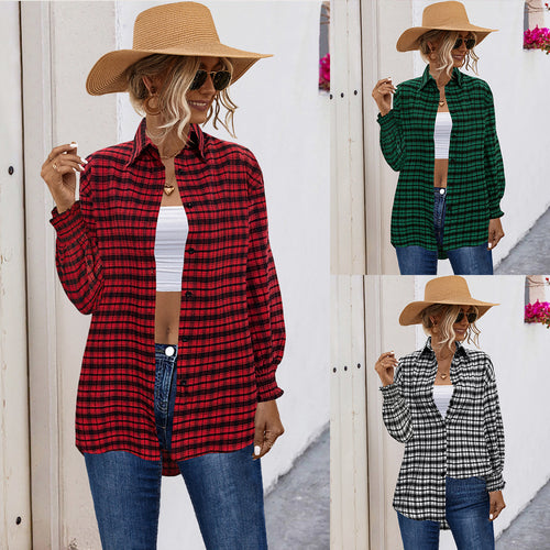 Damen Karobluse mit angeschnittenen Ärmeln und elastischen Ärmelsäumen Heidi-Mode