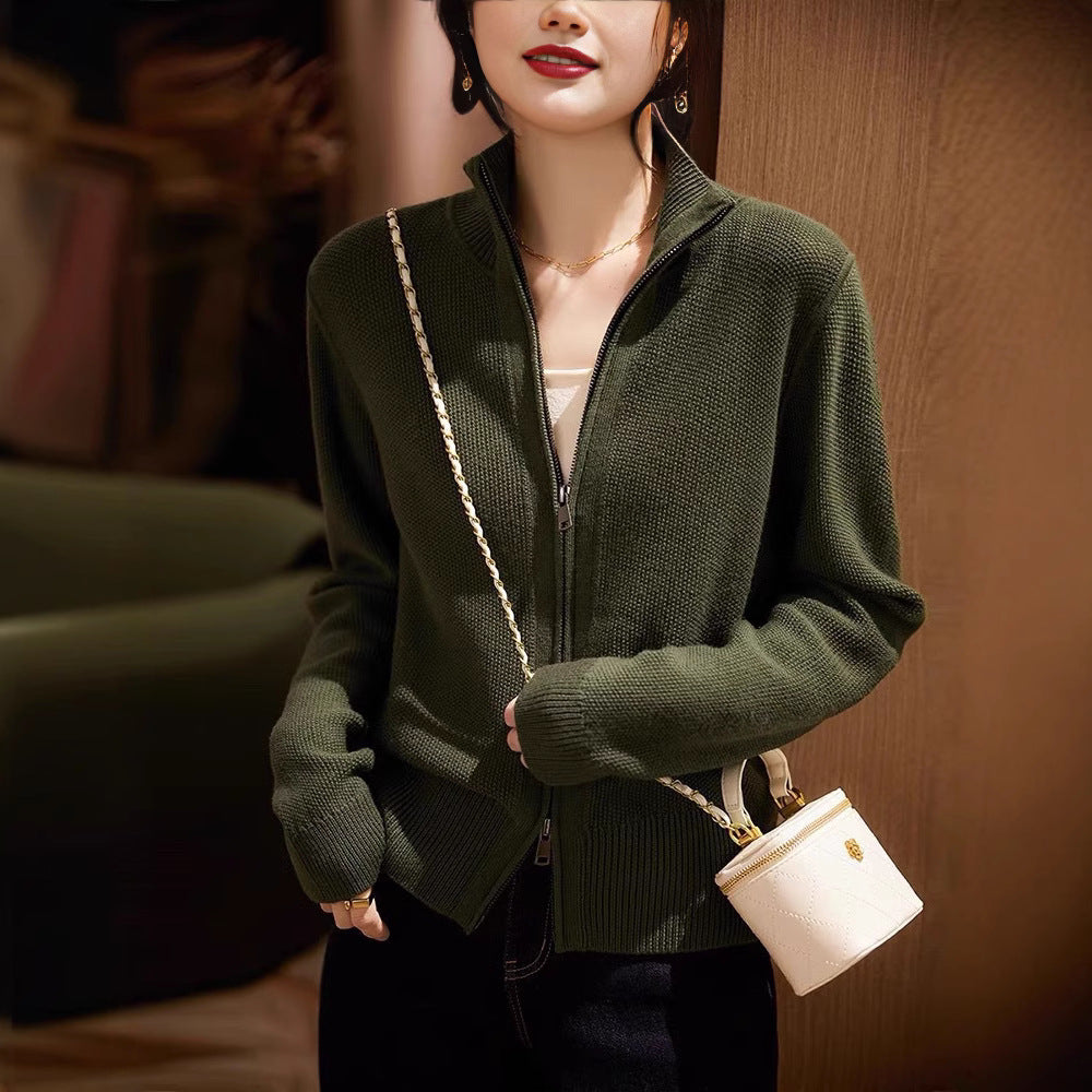 Damen Strickjacke mit hohem Kragen und durchgehendem Reißverschluss Heidi-Mode