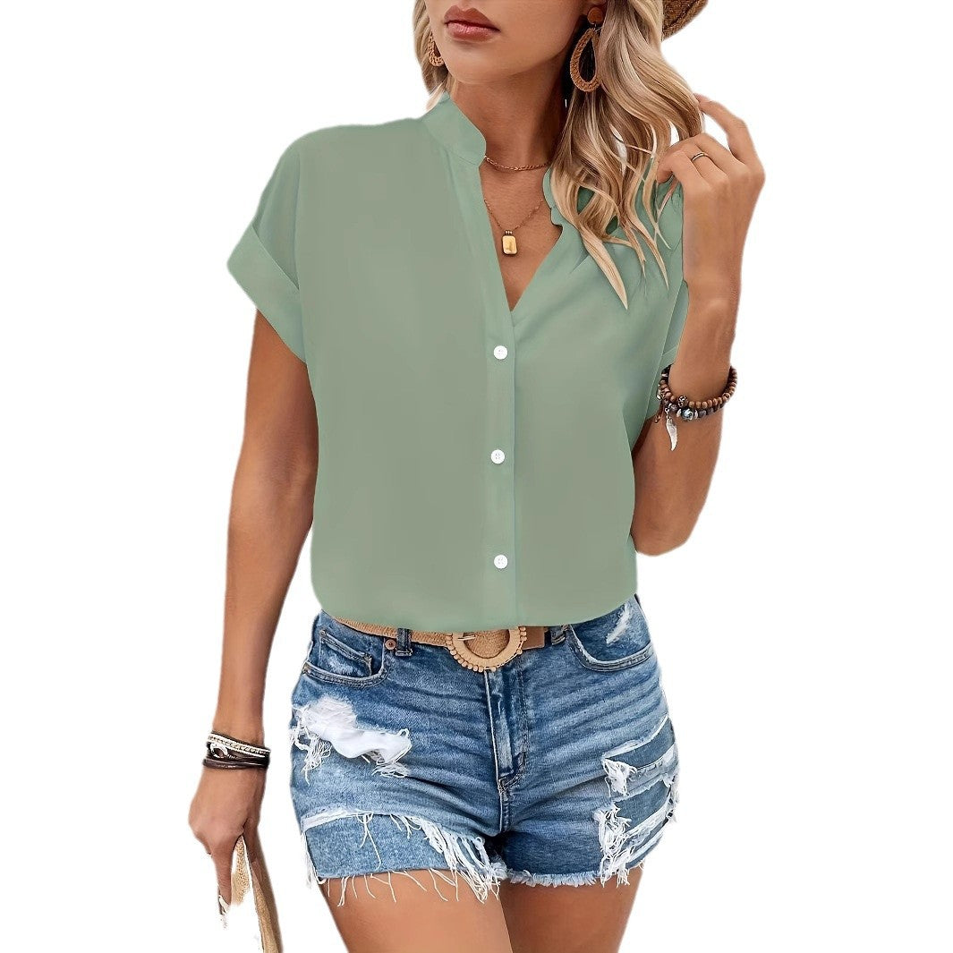 Damen Kurze Bluse mit Stehkragen und Knopfverschluss Heidi-Mode