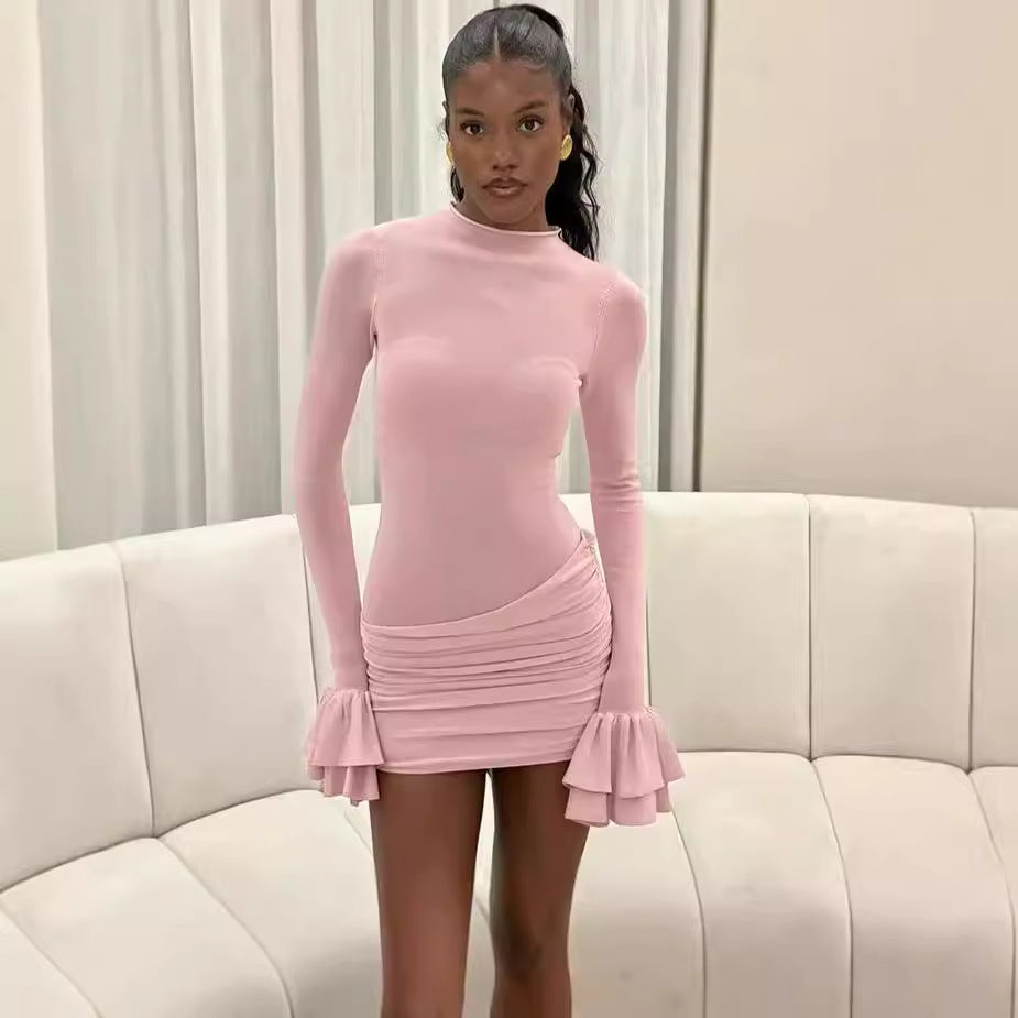 Damen figurbetontes Minikleid mit voluminösen Ärmeln und Raffung Heidi-Mode