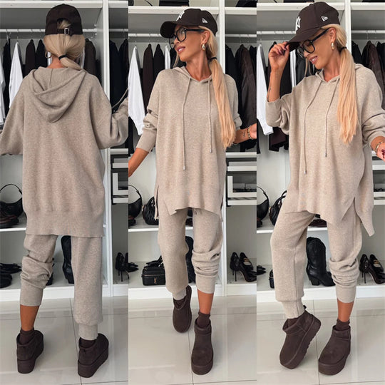 Damen modisches Freizeit-Loungewear-Set aus weichem Material mit Kapuze und weit geschnittenen Hosen Heidi-Mode