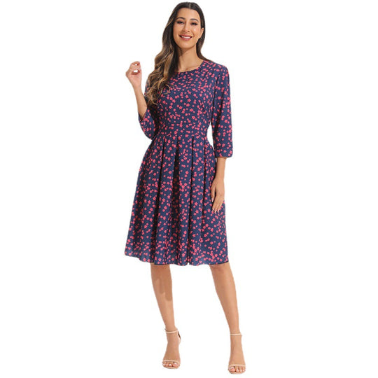 Damen elegantes Midikleid mit floralem Muster und schwingendem Rock Heidi-Mode