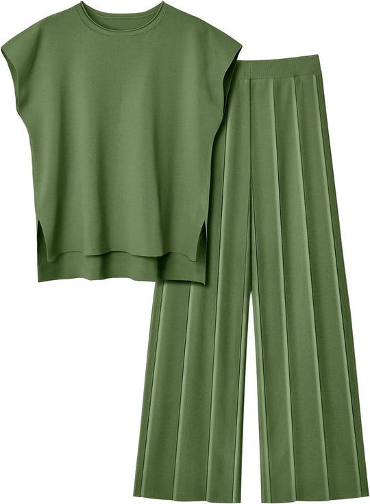 Damen elegantes Set mit kurzärmligem Oberteil und plissierter Hose Heidi-Mode