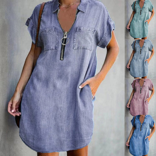 Damen Chambray Kleid mit Reißverschluss und praktischen Taschen Heidi-Mode