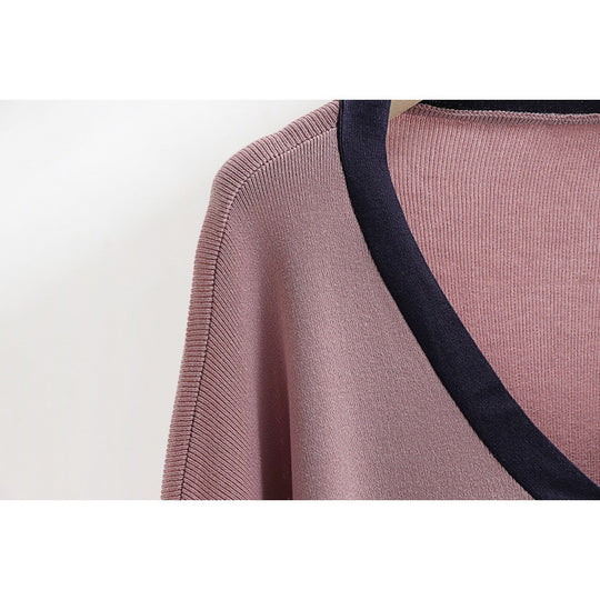 Damen elegantes Strick-Kombinationsset mit tiefem V-Ausschnitt und Kontrastdetails Heidi-Mode